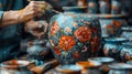 Close-up of a hand painting a ceramic vase showcasing craft