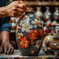 Close-up of a hand painting a ceramic vase showcasing craft