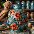 Close-up of a hand painting a ceramic vase showcasing craft