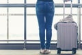 Close up hand people holding luggage. Business woman plan and backpack