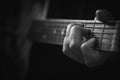 Close up of hand playing acoustic guitar background.