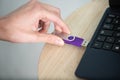 close up hand plugging pendrive on laptop Royalty Free Stock Photo