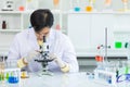 Close up hand. Portrait of Asian man scientist looking in microscope while working on medical research in science laboratory. Royalty Free Stock Photo