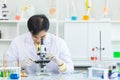 Close up hand. Portrait of Asian man scientist looking in microscope while working on medical research in science laboratory. Royalty Free Stock Photo