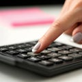A close up of a hand pressing a button on a calculator, with a blurred pink object in the background. Generative AI.