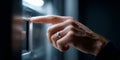 Close-up of a hand pressing a button on a metallic elevator panel with a dark background and soft lighting Royalty Free Stock Photo