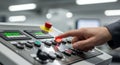 Close Up of a Hand Pressing a Red Button on a Control Panel with Numeric Display and Metallic Buttons in Focus Royalty Free Stock Photo