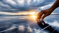 Close Up on Hand Of Professional Maintenance Engineer Touching Industrial Solar Panel Generating Electricity. Visualizing Energy Royalty Free Stock Photo