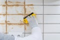 Close-up of a hand in a protective glove holding a yellow spatula, in the process of grout of white tiles, light brown sealant, Royalty Free Stock Photo