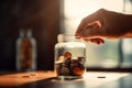 close up of a hand putting a coin into a glass jar money saving for taxes concept save for retirement idea investment on