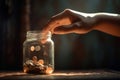 close up of a hand putting a coin into a glass jar money saving for taxes concept save for retirement idea investment on
