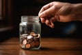 close up of a hand putting a coin into a glass jar money saving for taxes concept save for retirement idea investment on
