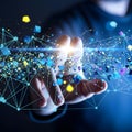 Human hand interacting with futuristic digital network and data visualization Royalty Free Stock Photo