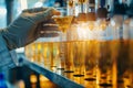 Close up the hand of Scientist takes samples of factory wastewater in a test tube for analysis in lab Banner size