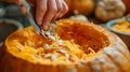 Close-up of a hand scooping out seeds and pulp from a pumpkin with a spoon in a brightly lit scene