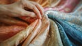 Hand Selecting Delicate Silks Fabric Samples of Pastel Tones for Bespoke Clothing. AI Generated