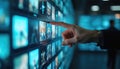 Close-up hand selects visual content from digital screen grid various images. Man interacts with media tech touch screen display,
