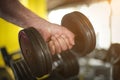 Close up. Hand of senior man. Holding weight. Man workout in the Royalty Free Stock Photo