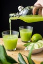 Close-up of hand serving cucumber juice in a glass, lime and green branch out of focus, black phono