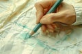 Close-up of a hand sketching a fashion design representing creativity