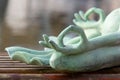 Close up hand. Stone frog doing yoga outdoor. Zen relax and relaxation yoga at the nature background Royalty Free Stock Photo