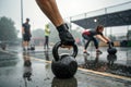 close-up hand on strong grip on kettlebell in rainy workout setting - generated by ai Royalty Free Stock Photo