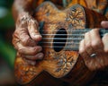 Close-up of a hand strumming a ukulele showcasing music