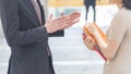 close up hand of teacher and students teen meet and talk at outdoor