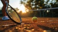 close up of hand with tennis racket and tennisball on green summer grass field Royalty Free Stock Photo