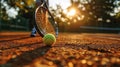 close up of hand with tennis racket and tennisball on green summer grass field