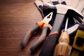 Close up Hand Tools on the Wooden Table Royalty Free Stock Photo