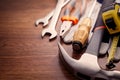 Close up Hand Tools on the Wooden Table Royalty Free Stock Photo