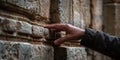 A close-up of a hand touching the ancient stone of a historical monument Royalty Free Stock Photo