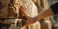 A close-up of a hand touching the ancient stone of a historical monument Royalty Free Stock Photo