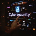 Hand Touching Glowing Cybersecurity Digital Interface Screen Royalty Free Stock Photo