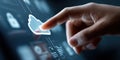 Close up of hand touching glowing cloud icon on digital interface, symbolizing technology