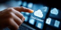 Close up of hand touching glowing cloud icon on digital screen, symbolizing cloud technology