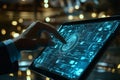 Futuristic Digital Interface with Hand Interacting on a Tablet Screen Displaying Global Data and Security Icons Royalty Free Stock Photo