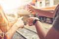 Close up hand. Travelers use smartphones to view maps and inquire about travel by pointing out places. at Hua Lamphong train Royalty Free Stock Photo