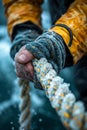 Close-up of a hand tying a sailing knot representing skill