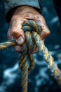 Close-up of a hand tying a sailing knot representing skill