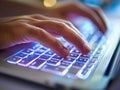 Close-up of Hand Typing on Backlit Keyboard Royalty Free Stock Photo