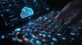 Close-Up of Hand Typing on Keyboard with Cloud Technology Visualization