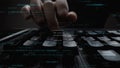 Close-up of a hand typing on a keyboard with floating code lines representing software programming and technology in a Royalty Free Stock Photo