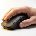 Person's hand using black wireless computer mouse, bright light Royalty Free Stock Photo