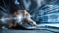 Close up of a hand using a computer mouse with futuristic digital interface overlay Royalty Free Stock Photo