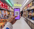 Close-up of hand using phone to scan QR code in store. generative ai
