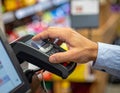 Close-up of Hand Using Point of Sale Terminal in Retail Store Royalty Free Stock Photo