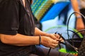 Close up hand of weaver during weaving basket made from plastic Royalty Free Stock Photo