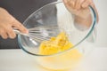 close up hand whisking eggs Royalty Free Stock Photo